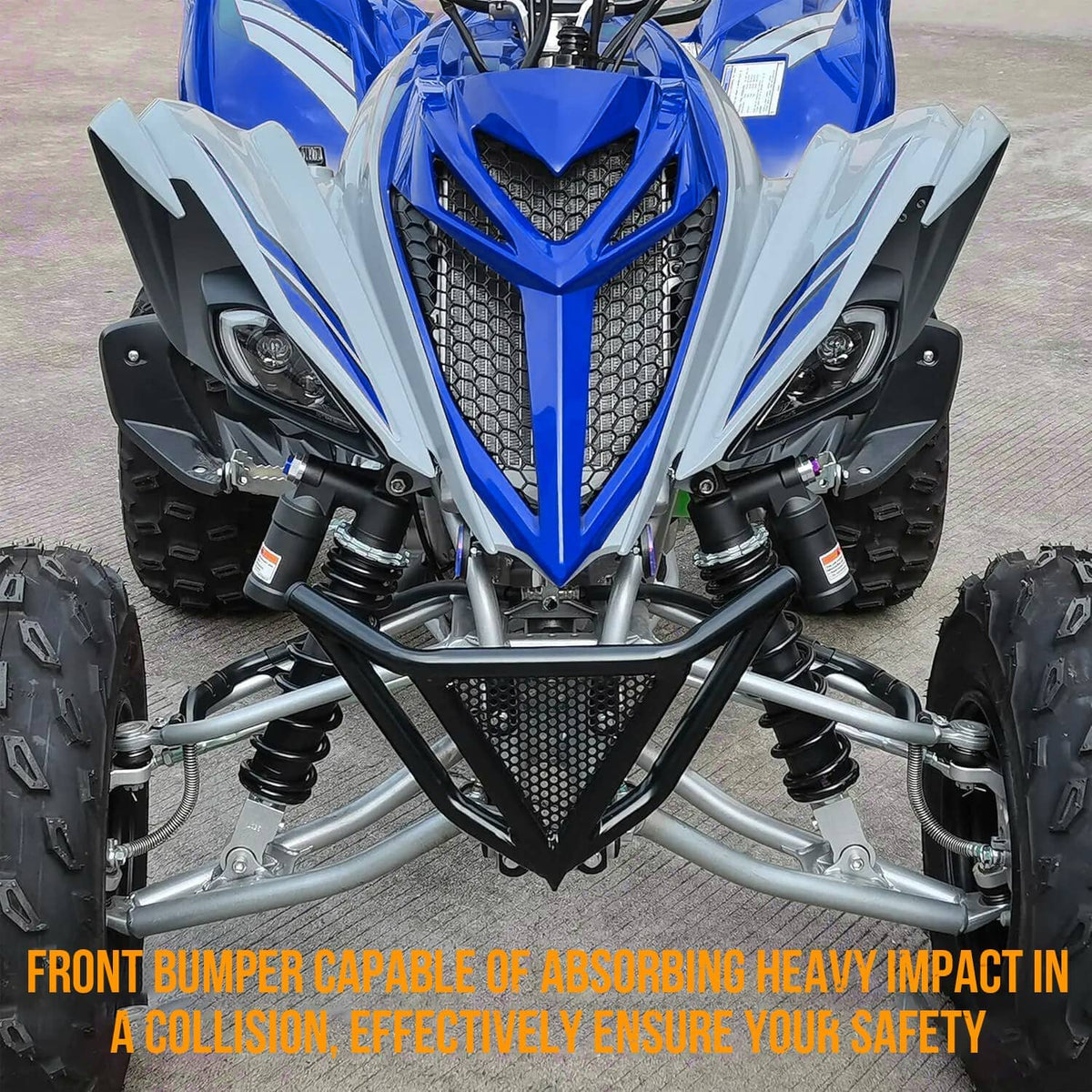 Black ATV front bumper guard mounted on vehicle frame, perforated mesh center