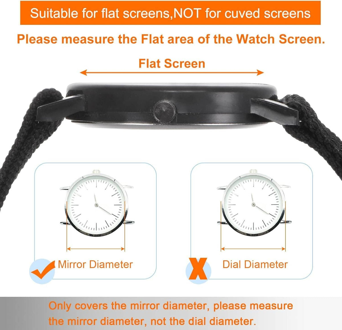 Flat-faced watch screen protector set with size guidance for mirror coverage