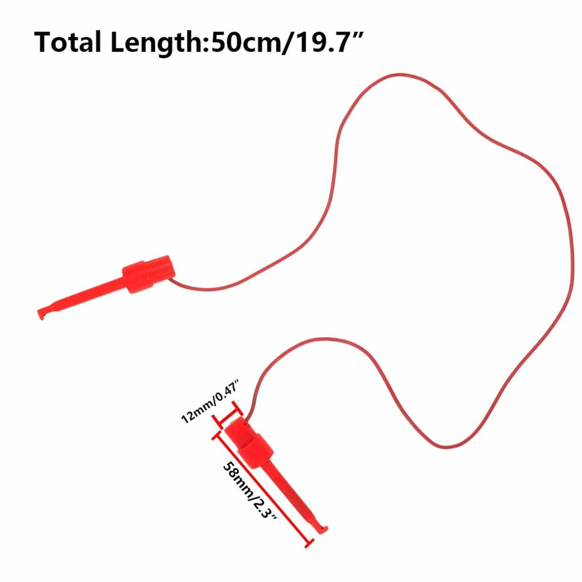Mini grabber hook test lead with red silicone wire; shows about 50 cm total length