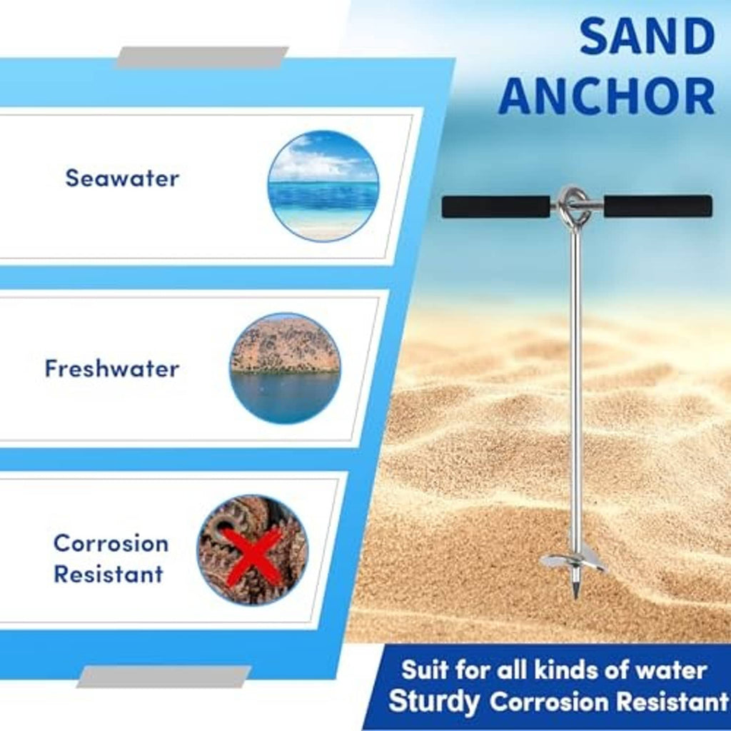 18-inch sand anchor with chrome shaft, black cross handles, and pointed auger stake