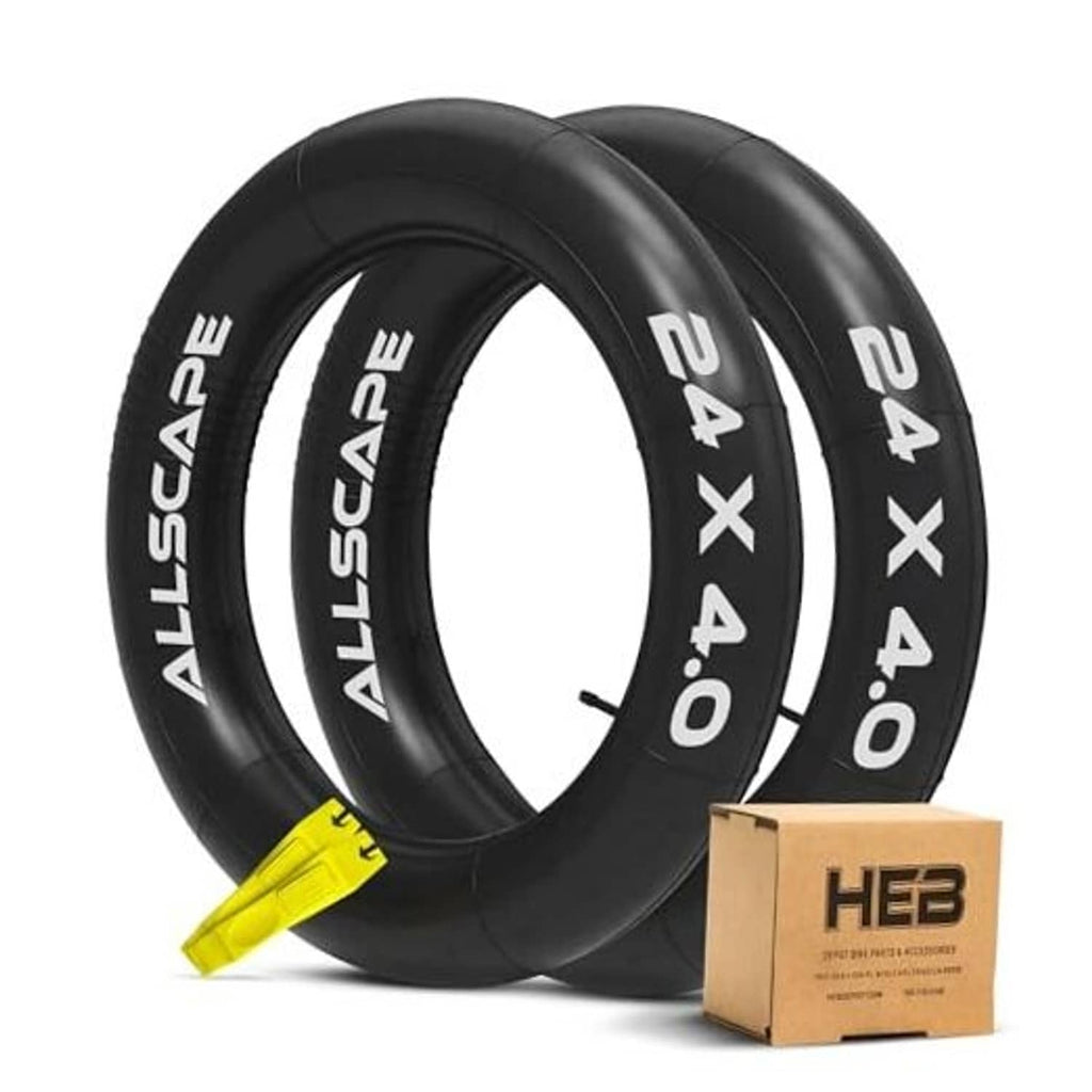 Pair of black heavy-duty bike inner tubes with yellow valve stems and HEB box