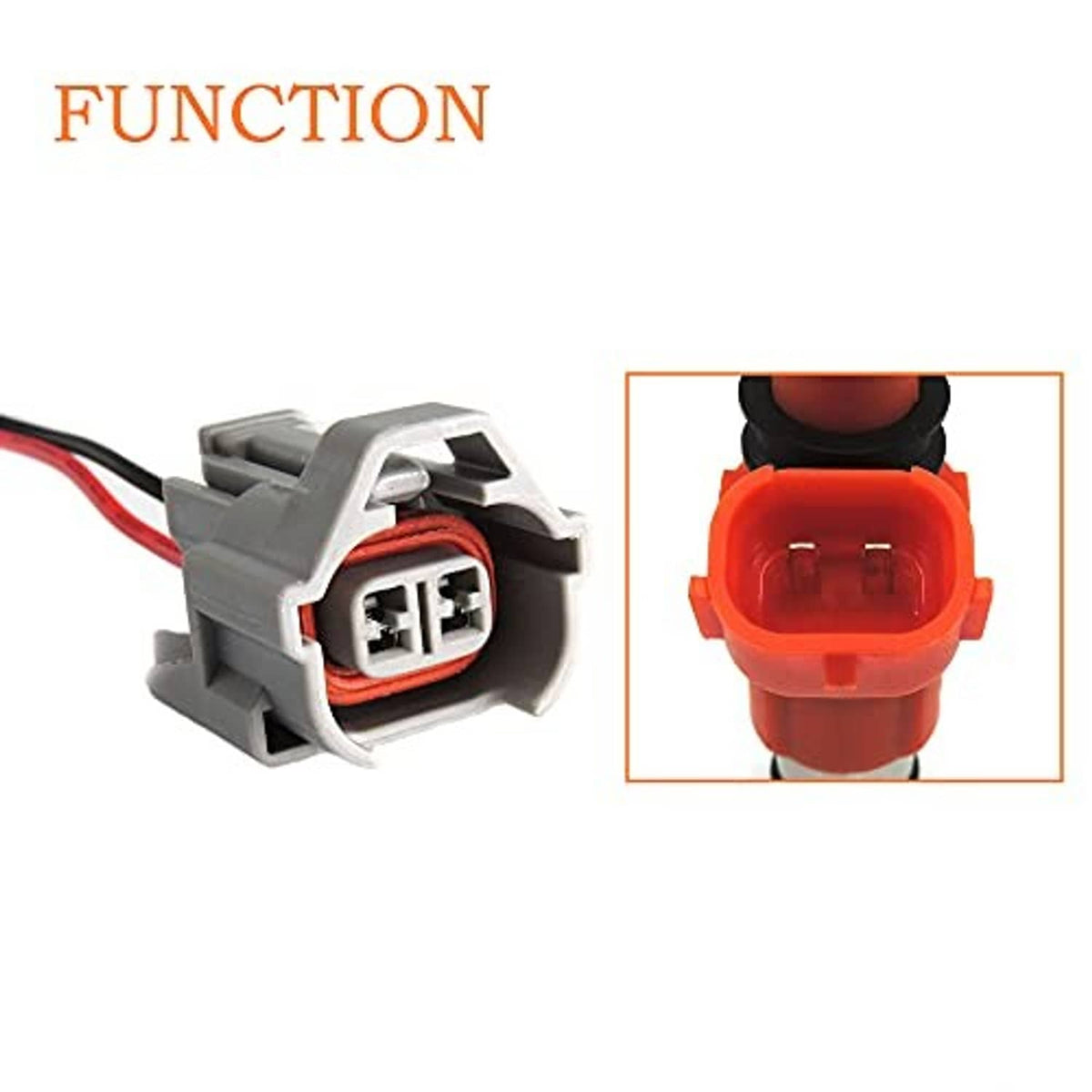 Fuel injector connector with gray housing and red/black wires, shown with open housing view