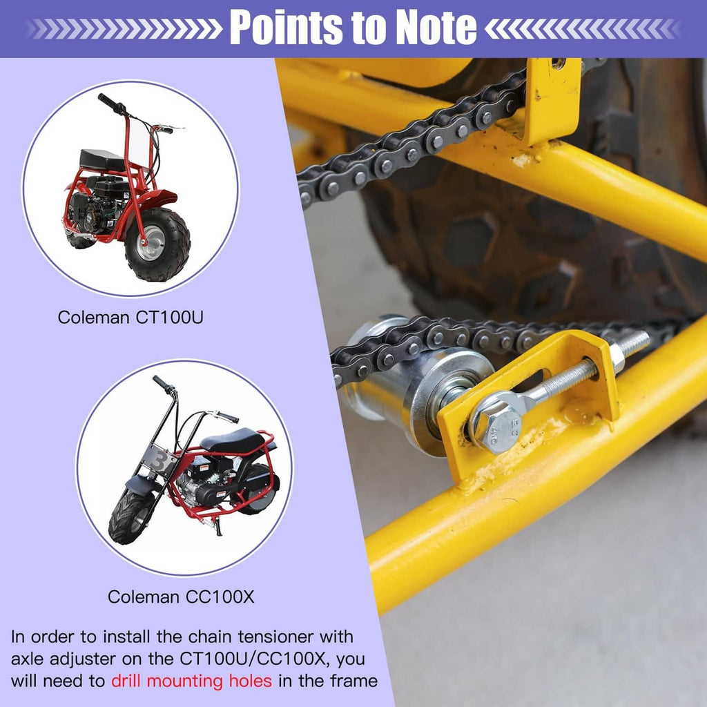 Chain tensioner installed on mini bike frame with chain and adjuster bolt visible