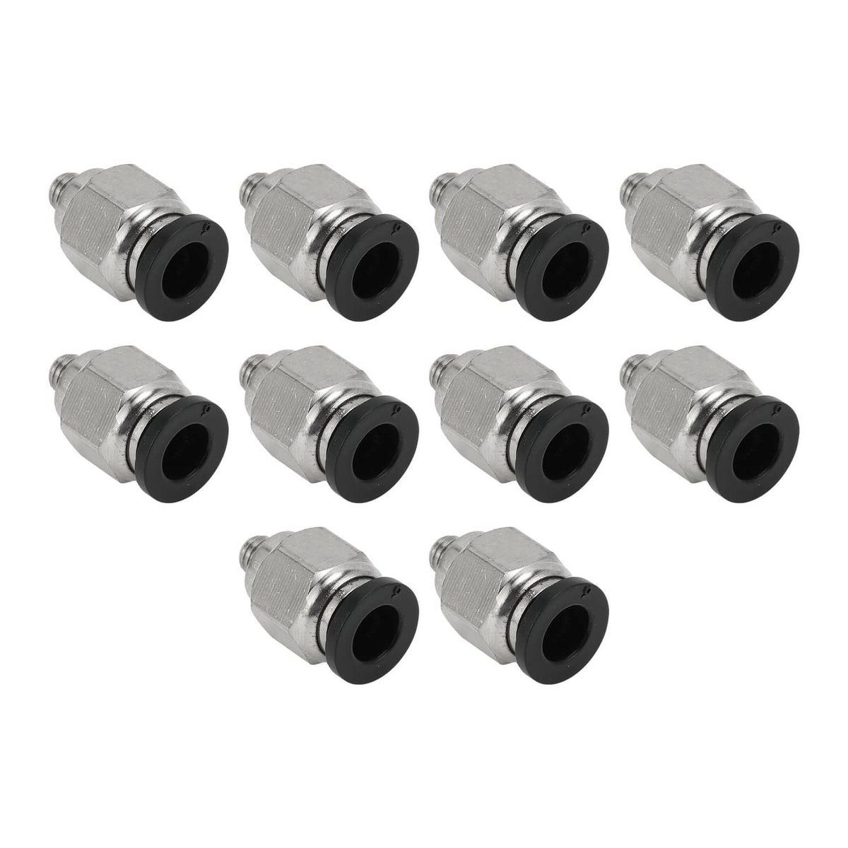 Set of push-to-connect air fittings with silver hex body and black pneumatic ports