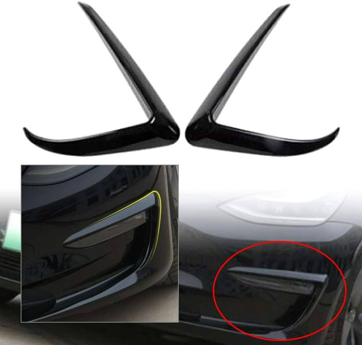 Gloss black front fog light eyebrow cover trim, curved pair pieces shown close-up