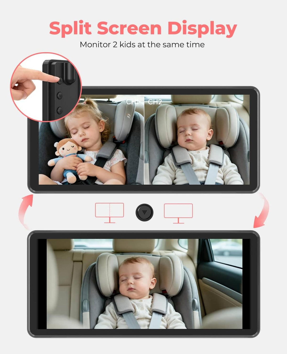 Dual-camera baby monitor displaying split-screen, with hand near side buttons