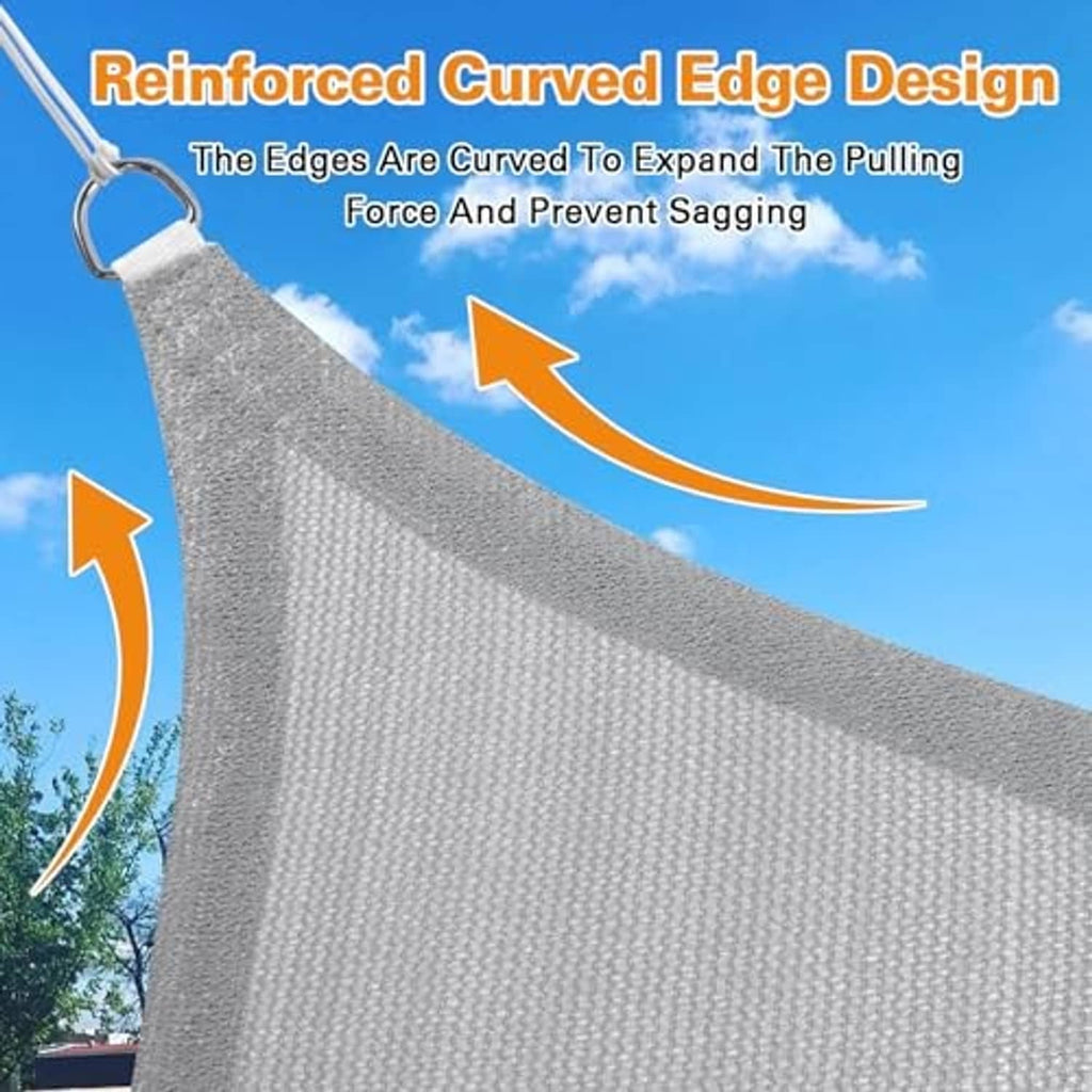 Reinforced curved edge of a light grey sun shade sail with a corner D-ring