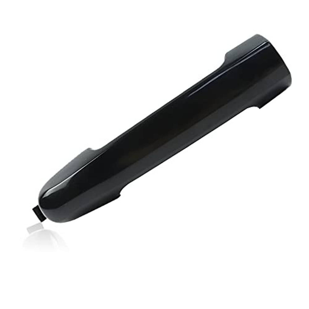 Black exterior door handle with curved pull and rounded end, angled view.