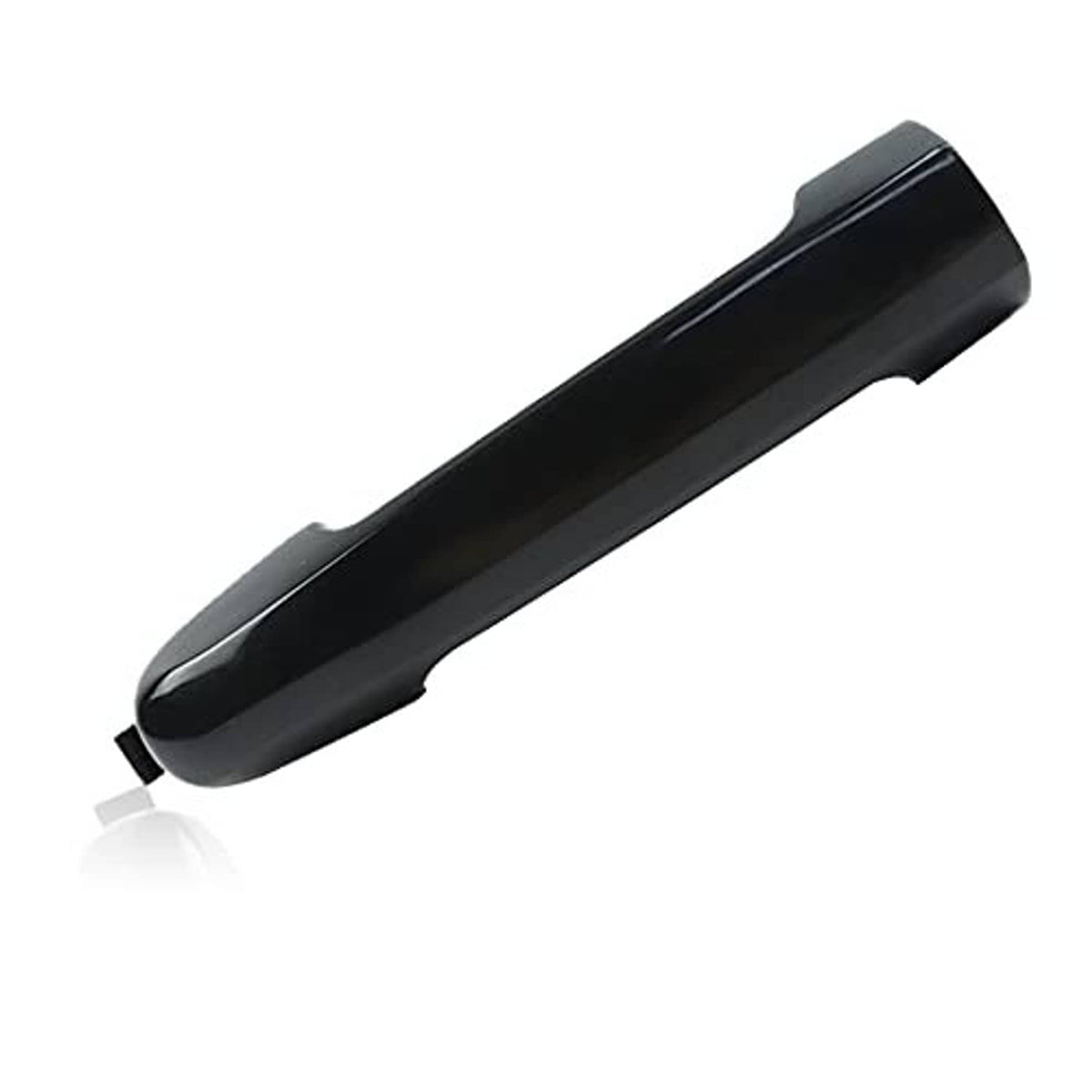Black exterior door handle with curved pull and rounded end, angled view.