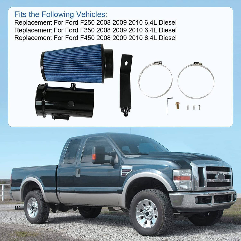Cold air intake system shown on pickup truck with blue filter and black intake pipe