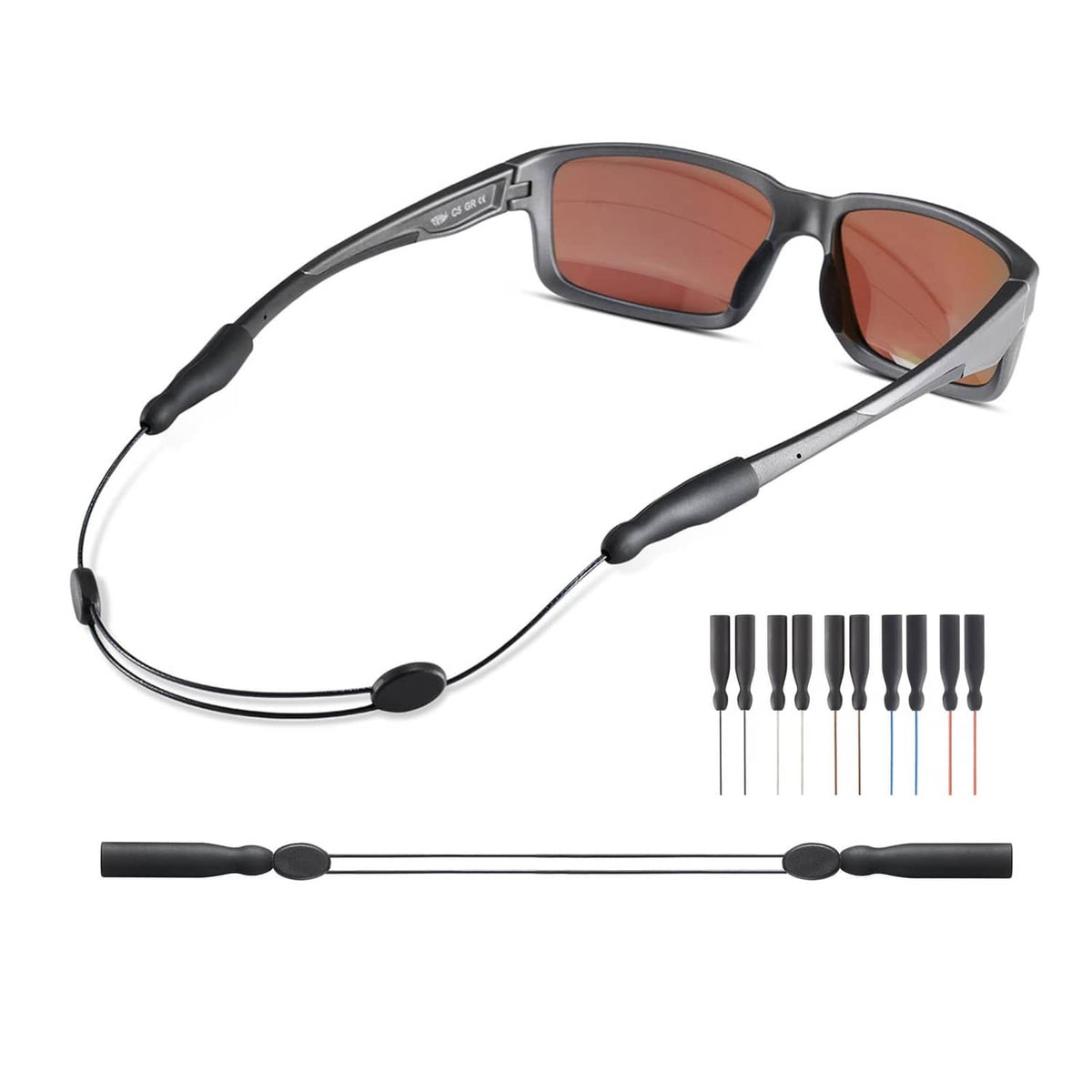Omnful adjustable sunglasses strap, black cable with silicone end tips and spare pins