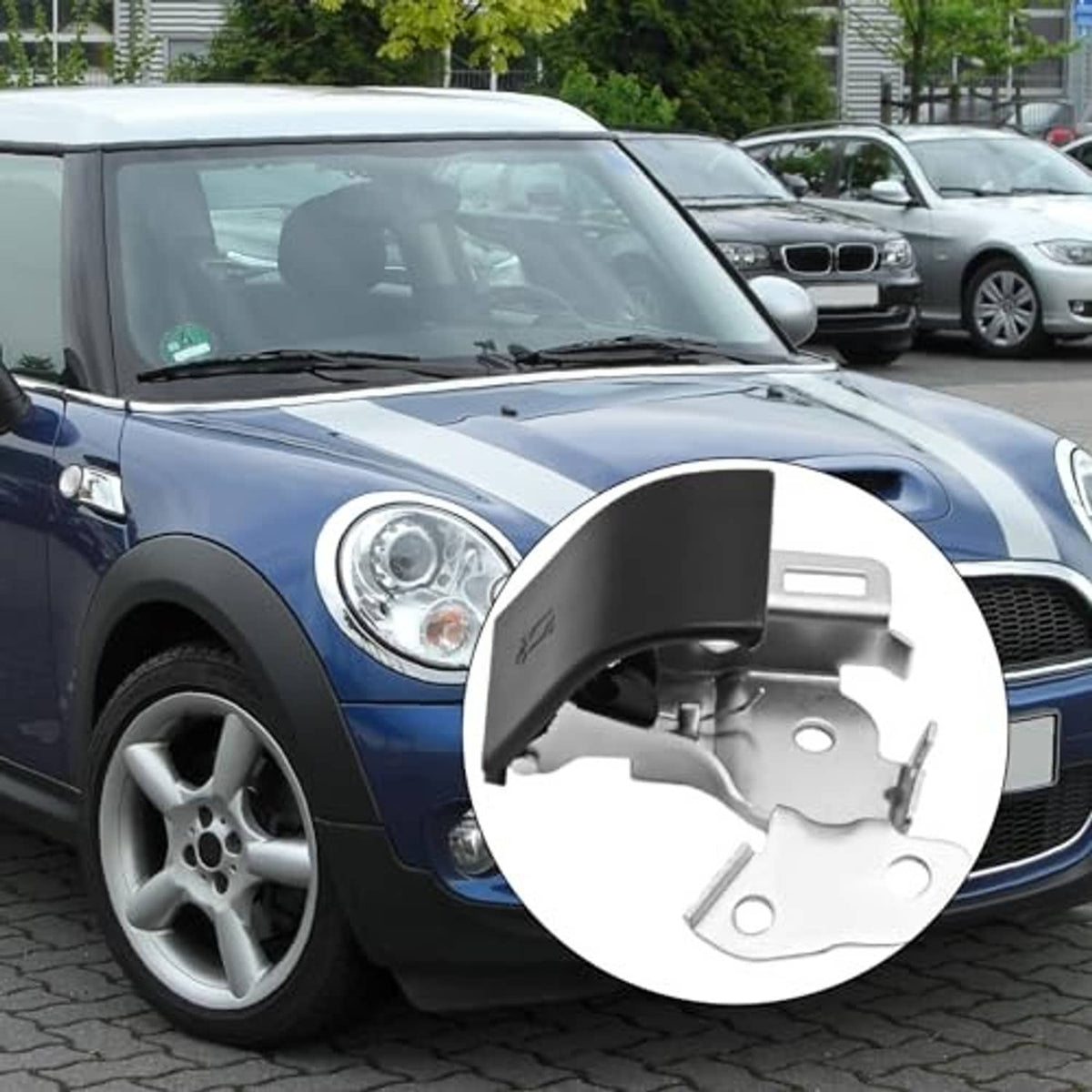 Internal hood release handle installed on a Mini Cooper front area, shown with close-up