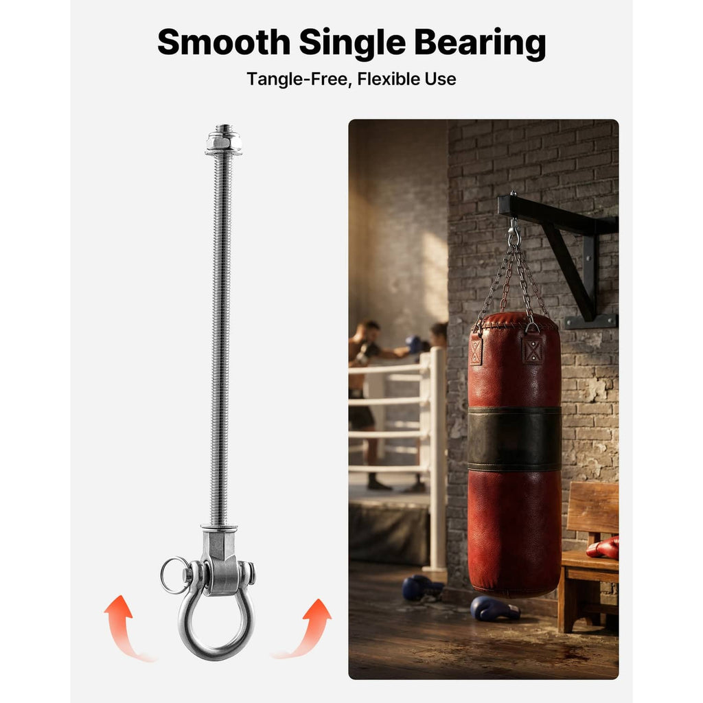 Heavy-duty swing bracket with loop hook and threaded post, showing smooth bearing action