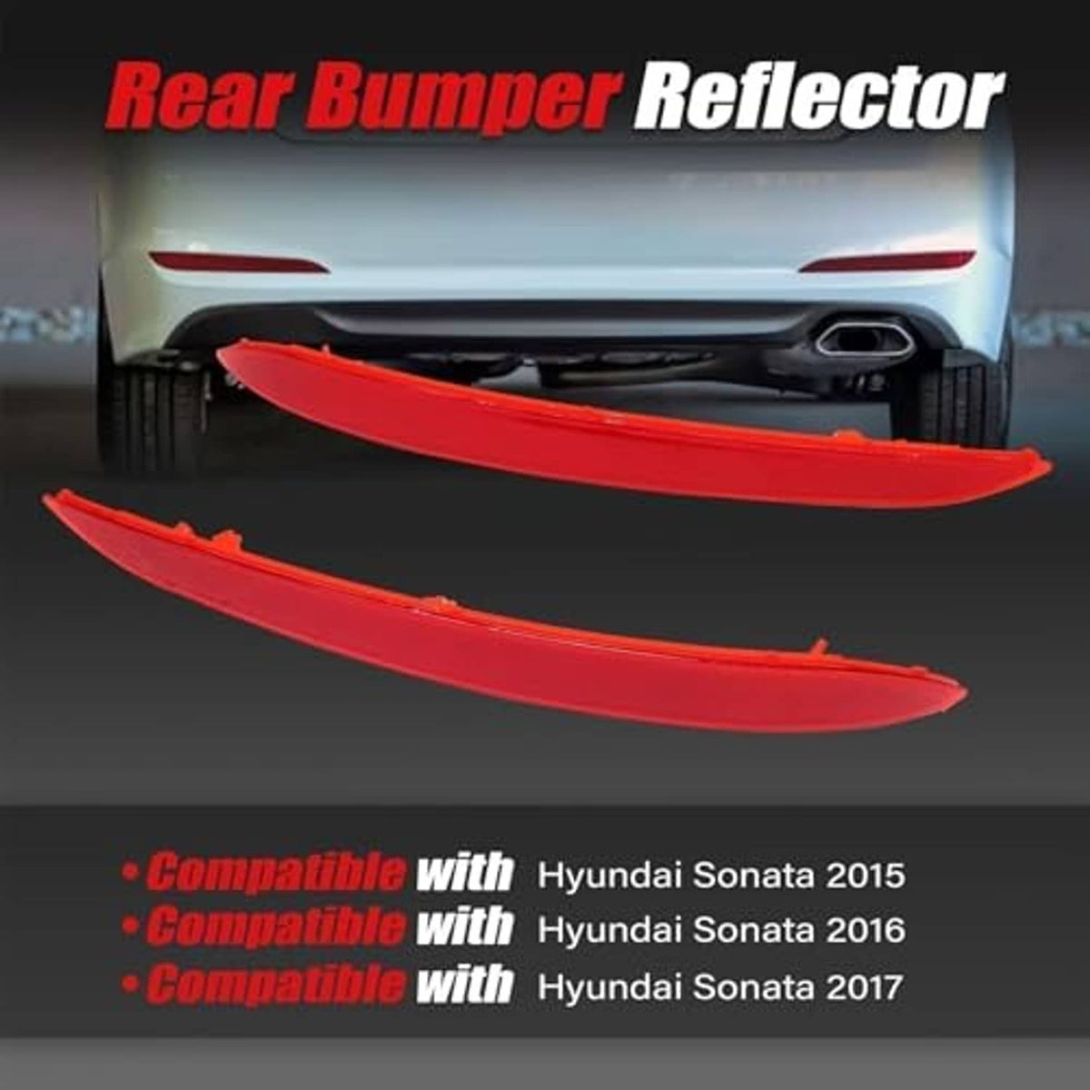 Red rear bumper reflector strips with vehicle rear view for fitment