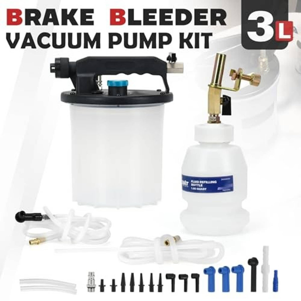 Brake bleeder vacuum pump kit with vacuum pump, refill bottle, hoses, and adapter set