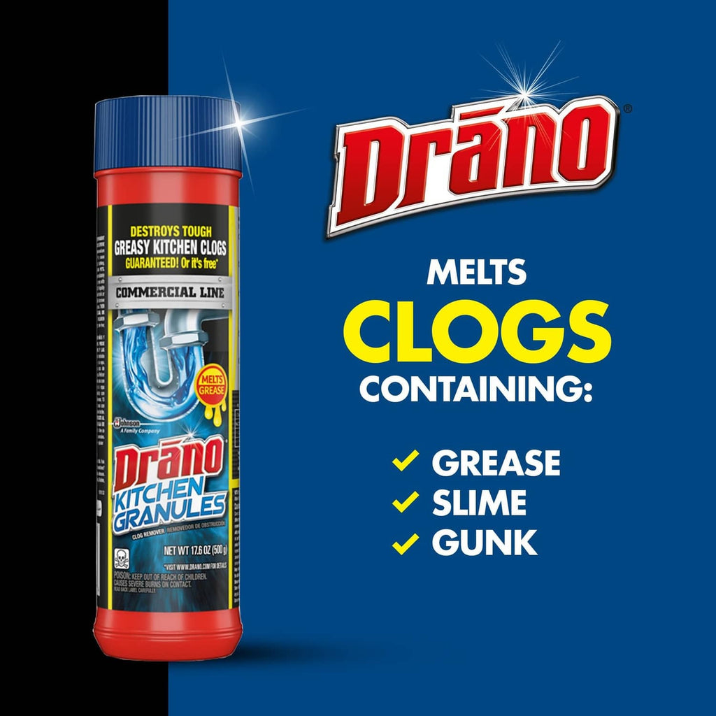 Drain clog remover granules bottle with “melts clogs” graphic and list icons