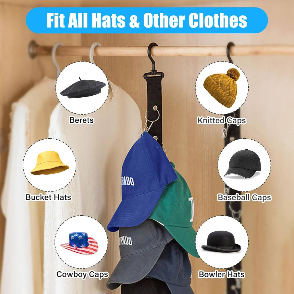 Hat organizer clips on a rack holding caps, berets, bucket hats, and more