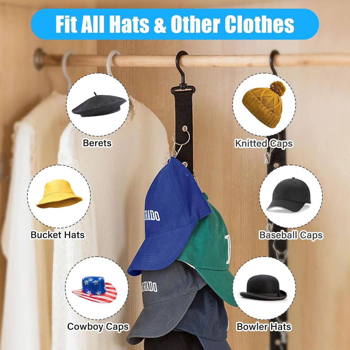 Hat organizer clips on a rack holding caps, berets, bucket hats, and more