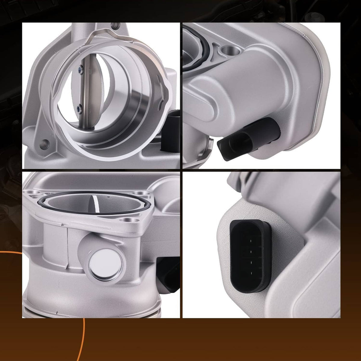 Throttle body with circular bore, silver housing, and black electrical connector
