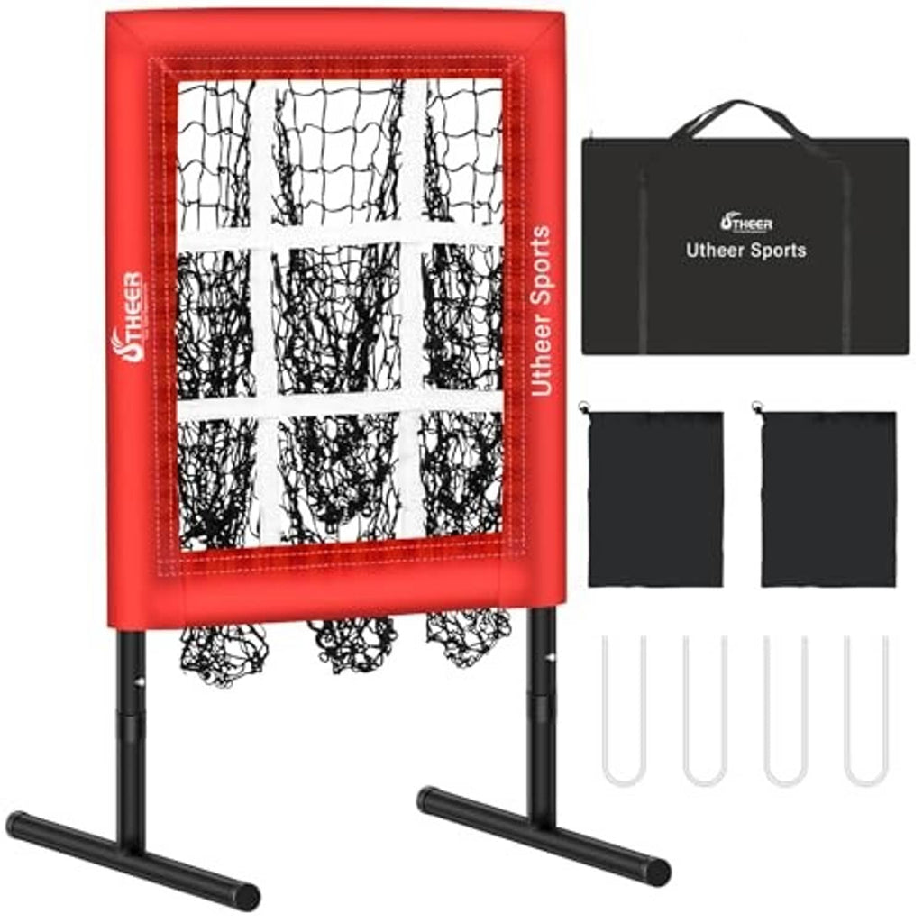 Red baseball pitching net kit with carry bag, extra mesh panels, and base stakes