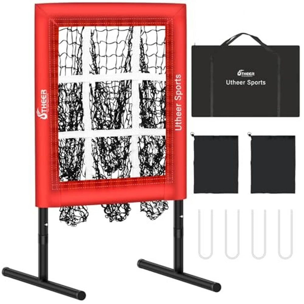 Red baseball pitching net kit with carry bag, extra mesh panels, and base stakes
