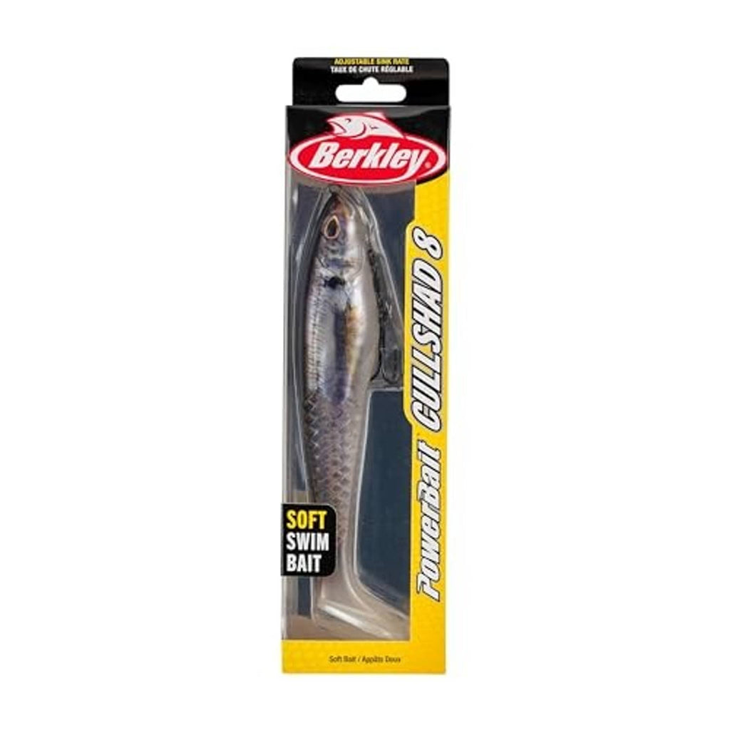 Soft plastic swim bait in retail package with gray-blue bait pictured