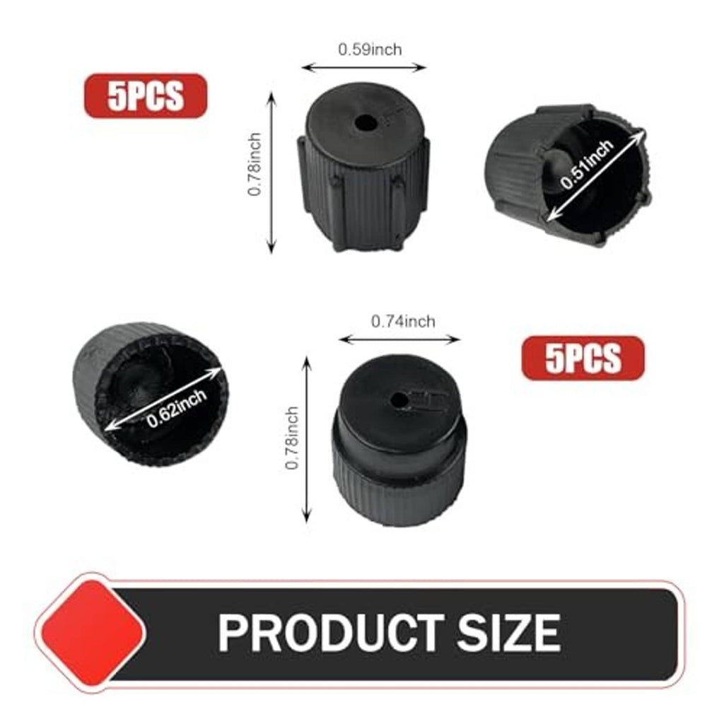 Black A/C valve cap set with round tops and side openings, multi-piece size layout