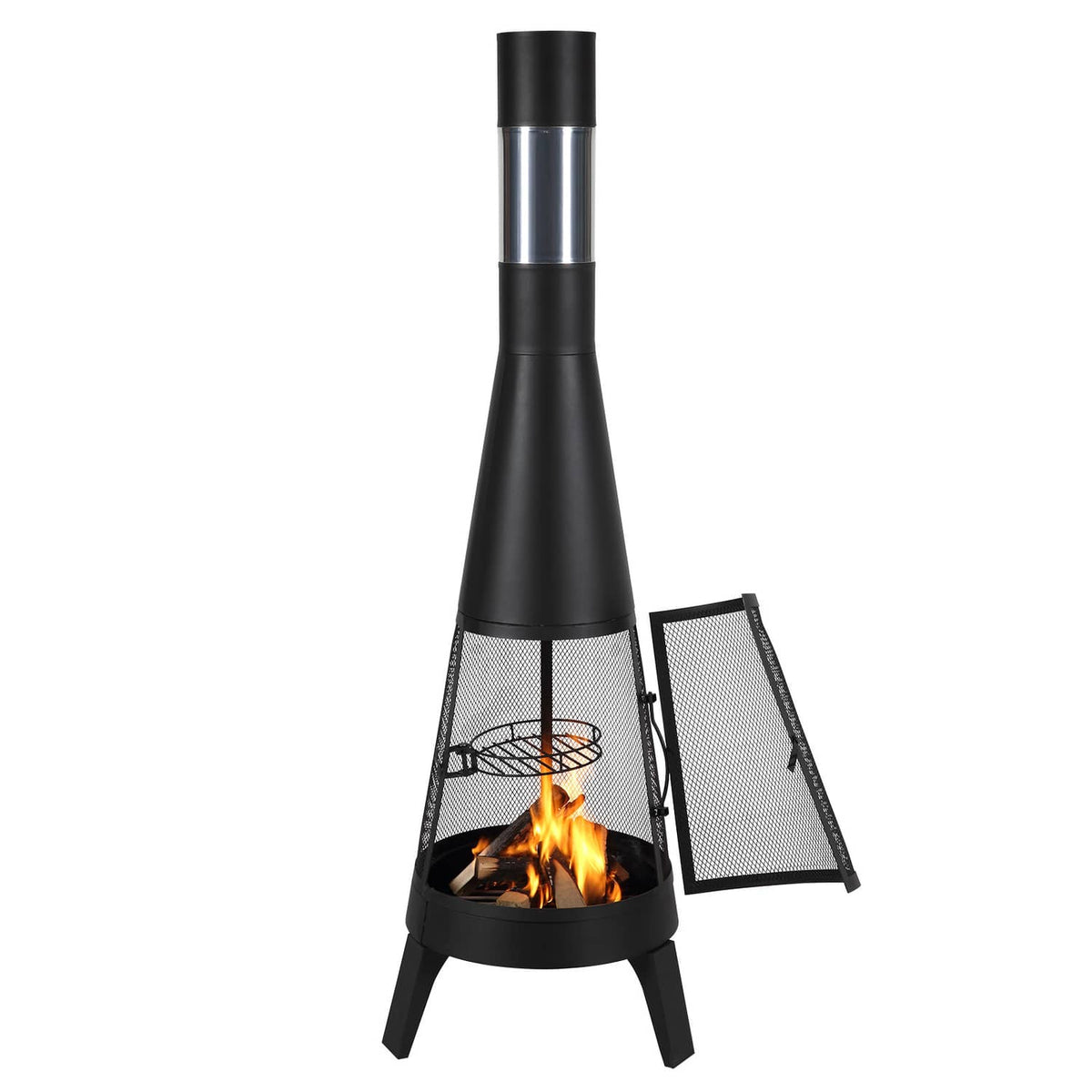 Outdoor wood-burning chiminea firepit, black metal with chimney and mesh doors, burning flames