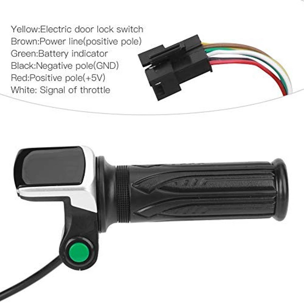 Electric throttle grip control module with green indicator button and black cable connector