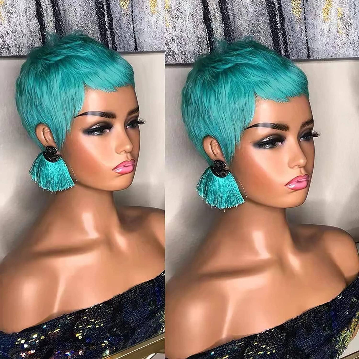Fchw-wig short teal synthetic wig with side-swept bangs and layered bob cut
