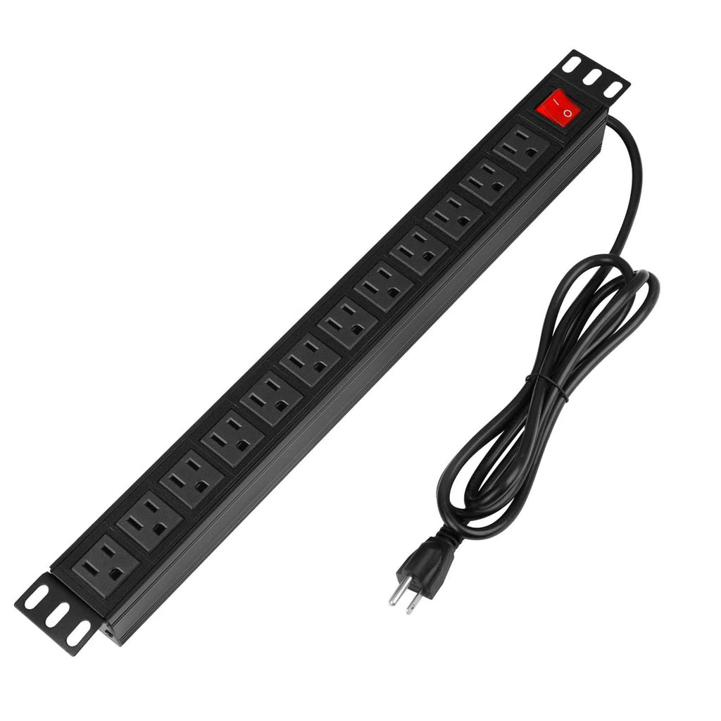 Black rack-mount power strip with 12 outlets, red rocker switch, and 6 ft cord