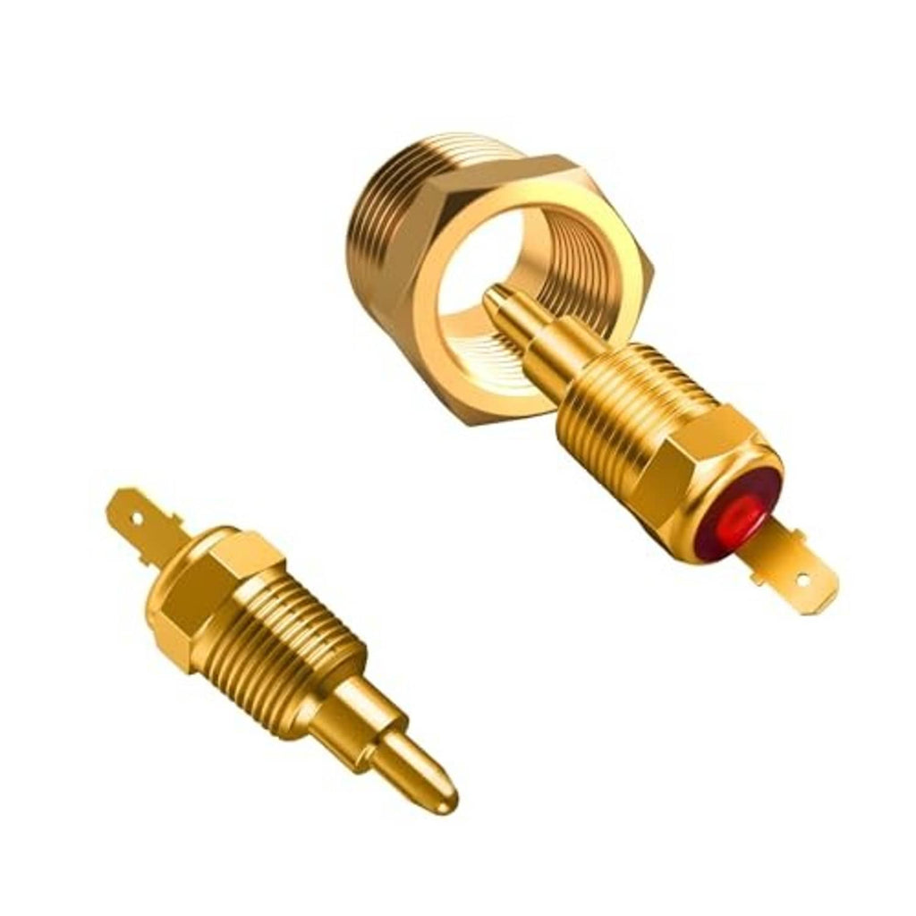 Brass NPT thermostat fan switch with red sensing tip and mounting tab, front angle