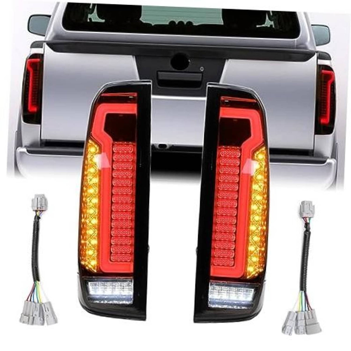 LED tail light assembly pair with red and amber LED sections, black housing for rear fitment