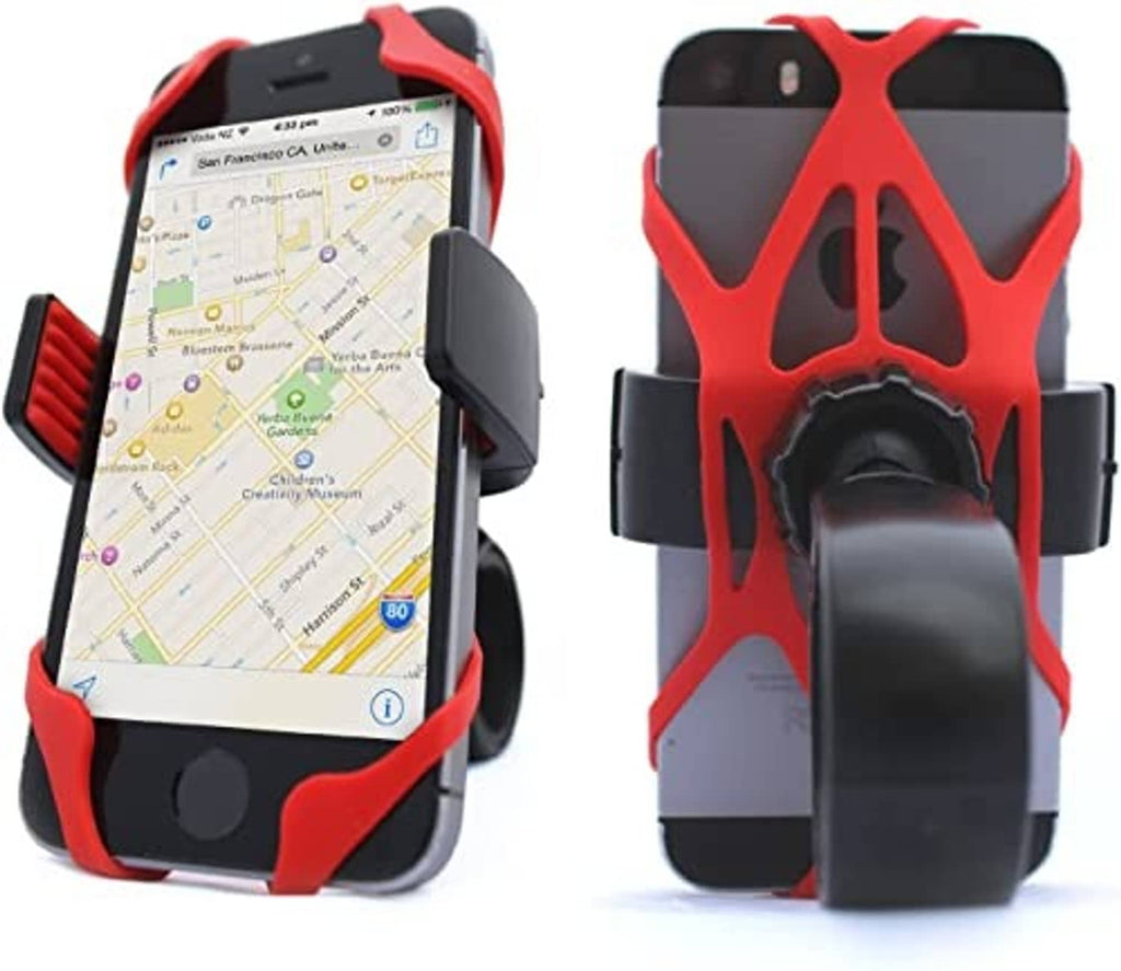 Phone mounted in black and red silicone holder with spring side grips