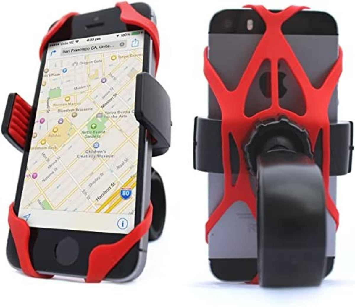 Phone mounted in black and red silicone holder with spring side grips