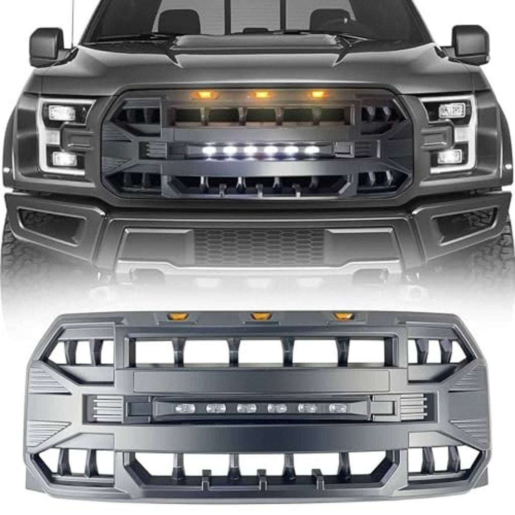 Matte black front bumper grille replacement with LED light bar and amber side markers