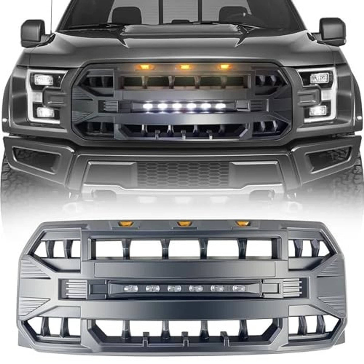 Matte black front bumper grille replacement with LED light bar and amber side markers