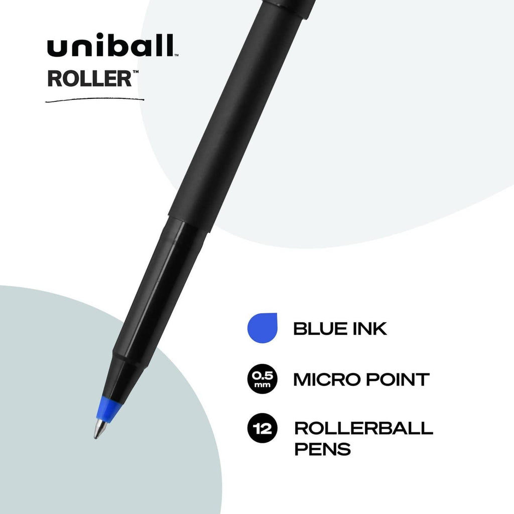 Black rollerball pen with blue ink micro point tip, 0.5 mm.