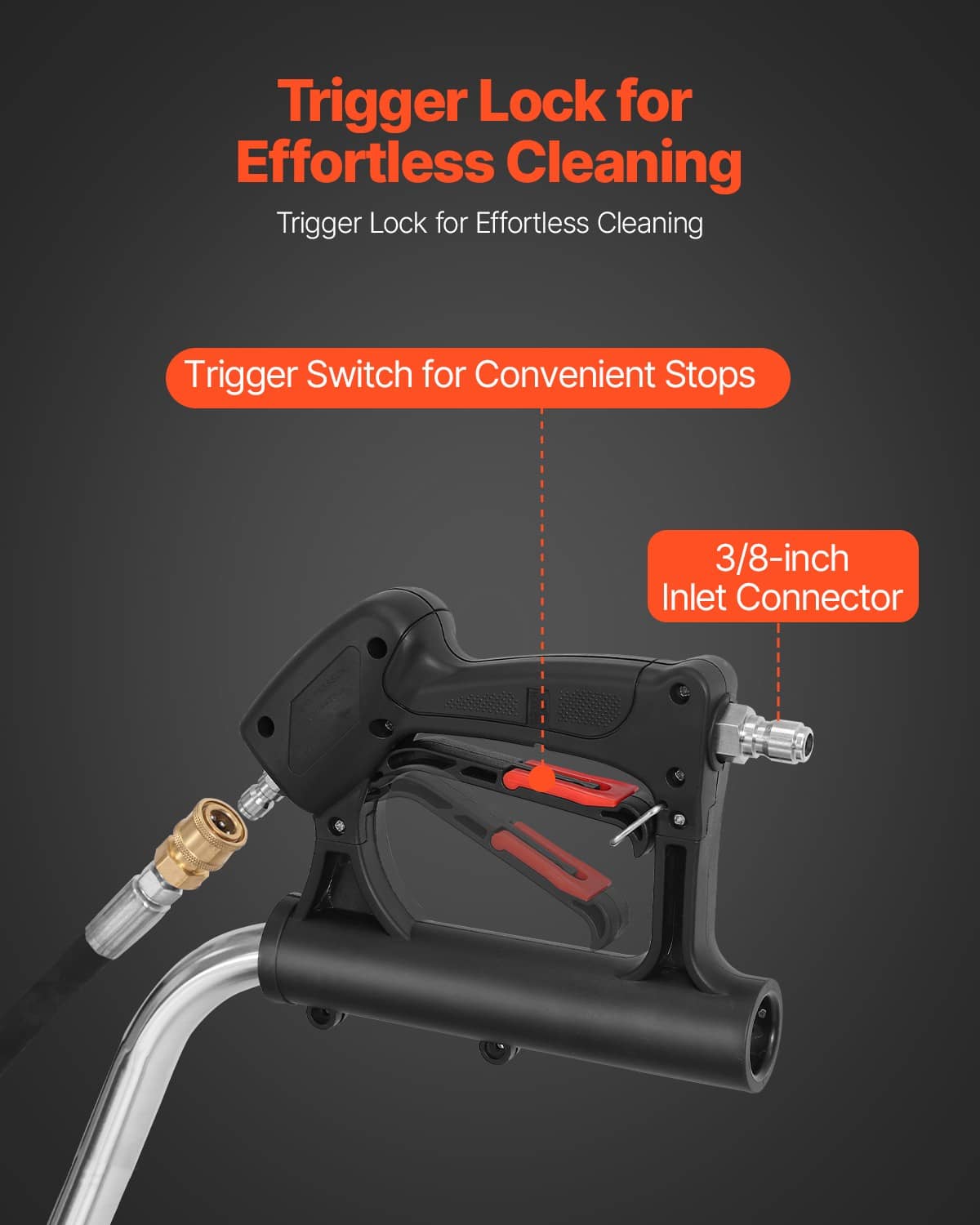 Pressure washer trigger gun with 3/8 in inlet connector and hose coupling, black and chrome