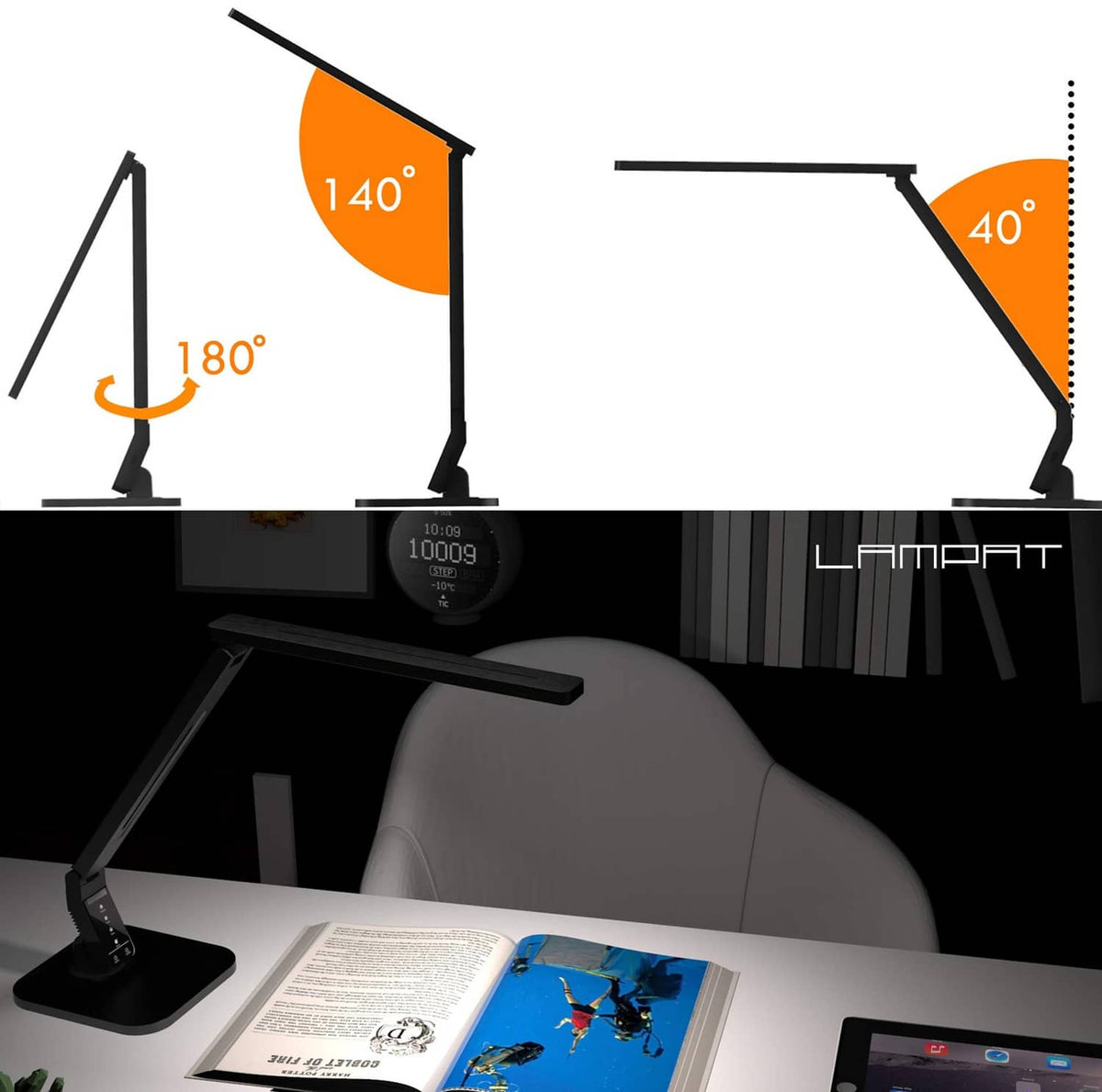 Black LED desk lamp on flat base with extendable arm for wide lighting angles