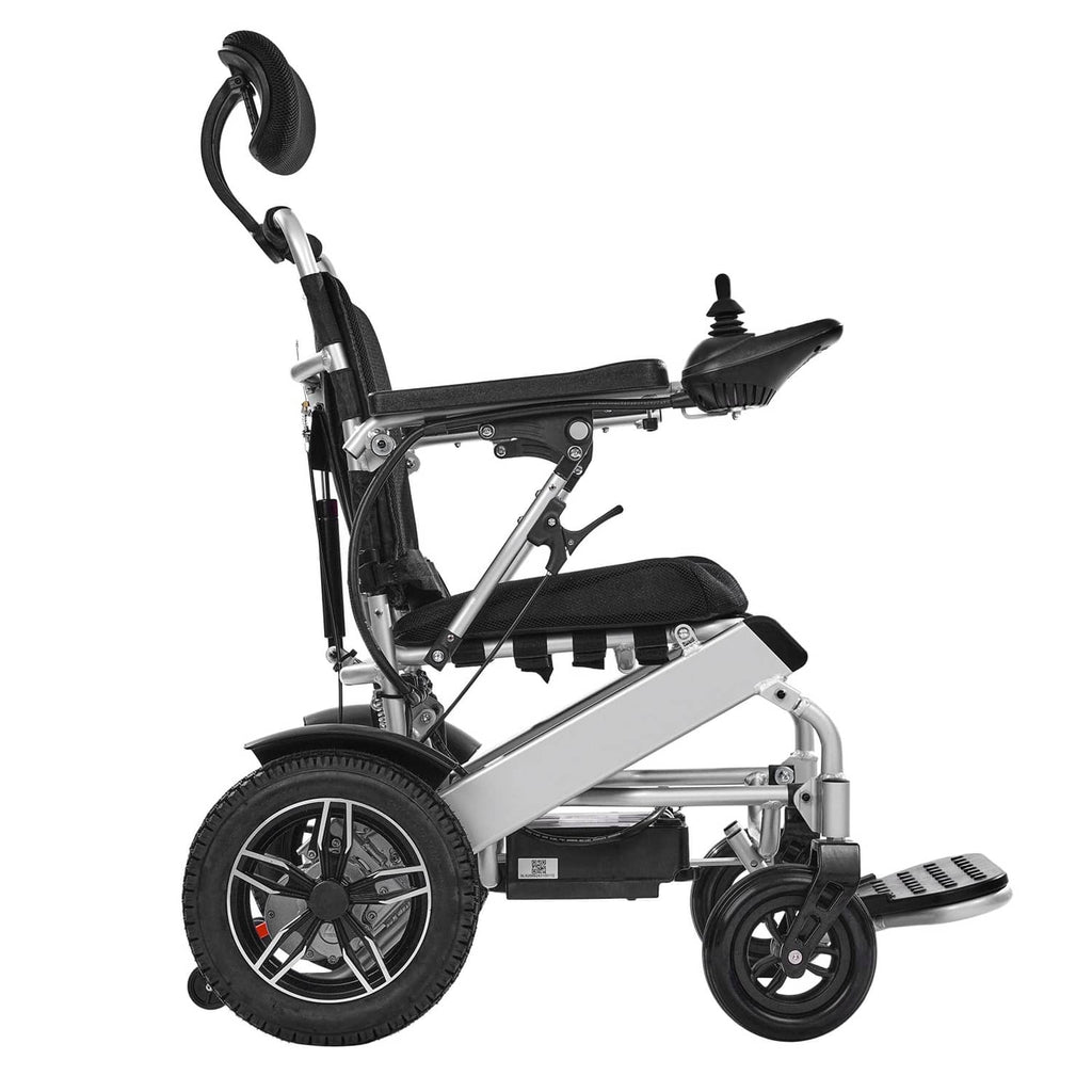 Electric wheelchair with foldable frame parts, black upholstery, and sturdy wheelbase.