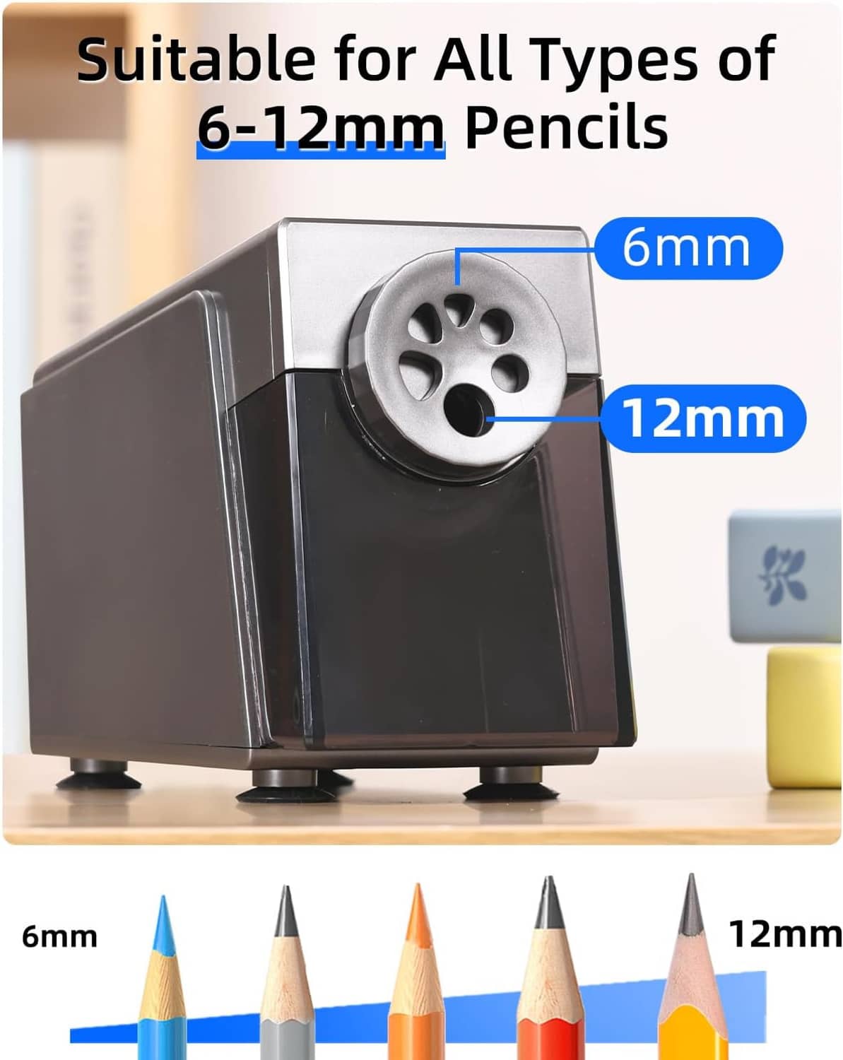 Automatic electric sharpener for 6mm and 12mm pencils, with 6-hole drum