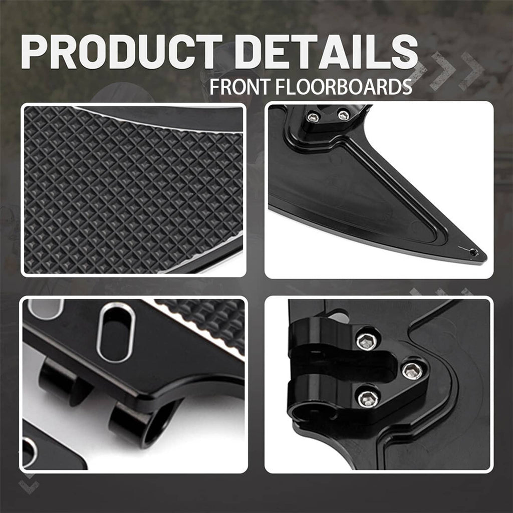 Front motorcycle floorboards showing textured surface and black mounting hardware detail