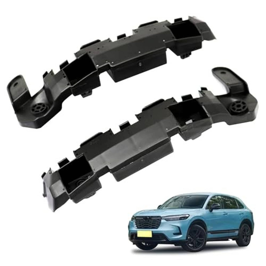 Black front bumper retainer bracket support holders, two-piece set with clip tabs