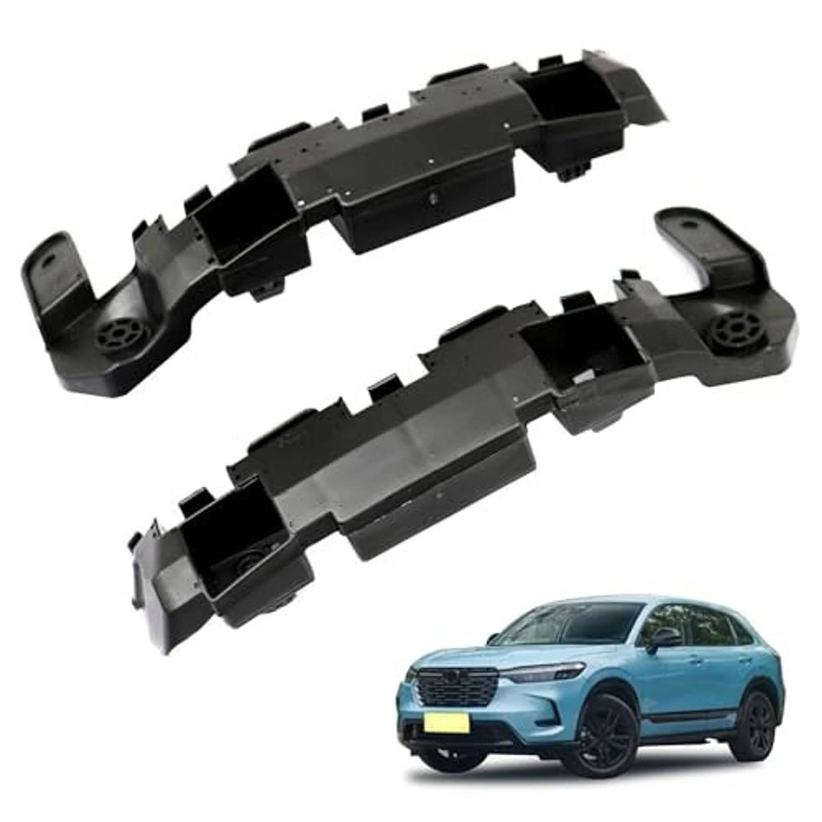 Black front bumper retainer bracket support holders, two-piece set with clip tabs