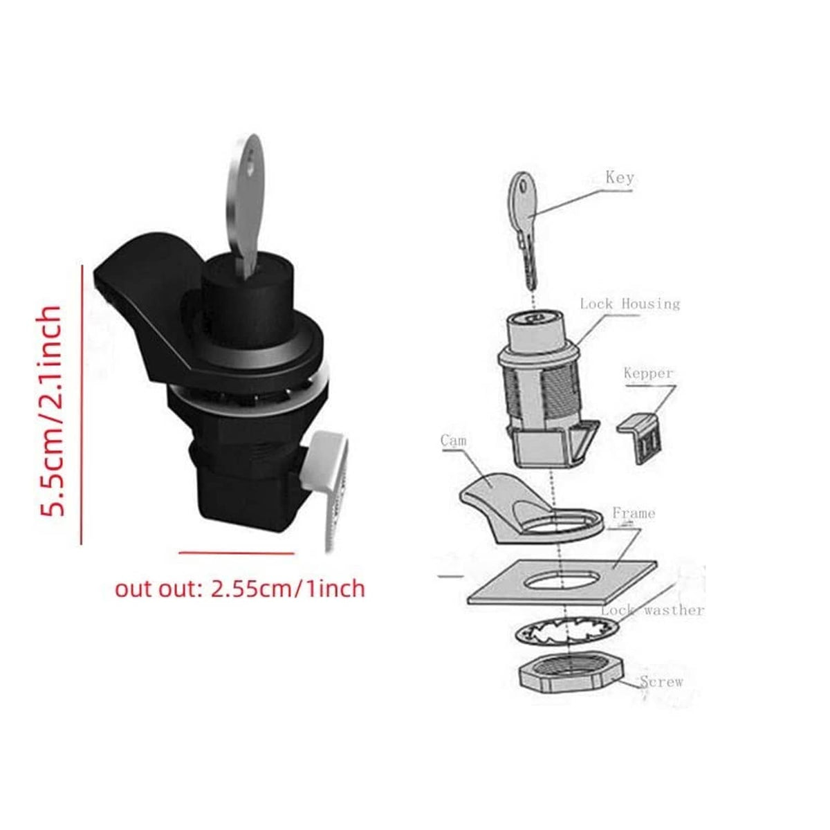 Black glove box latch lock with key; size diagram and measurements