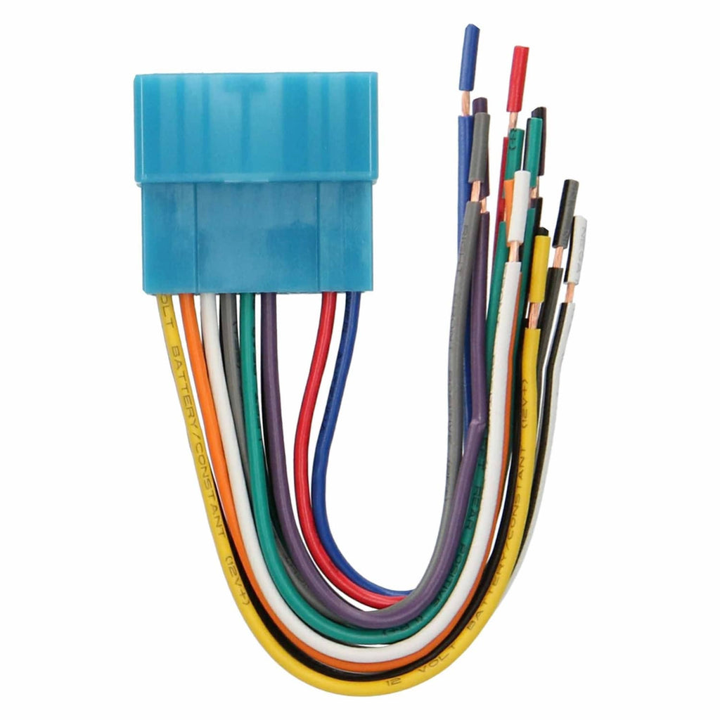 Blue wiring harness adapter with loop of multicolor wires and connector housing