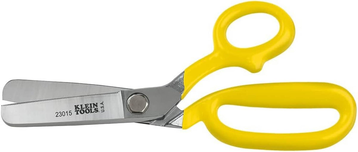 Klein Tools single-serrated scissors with yellow loop handles and silver blade