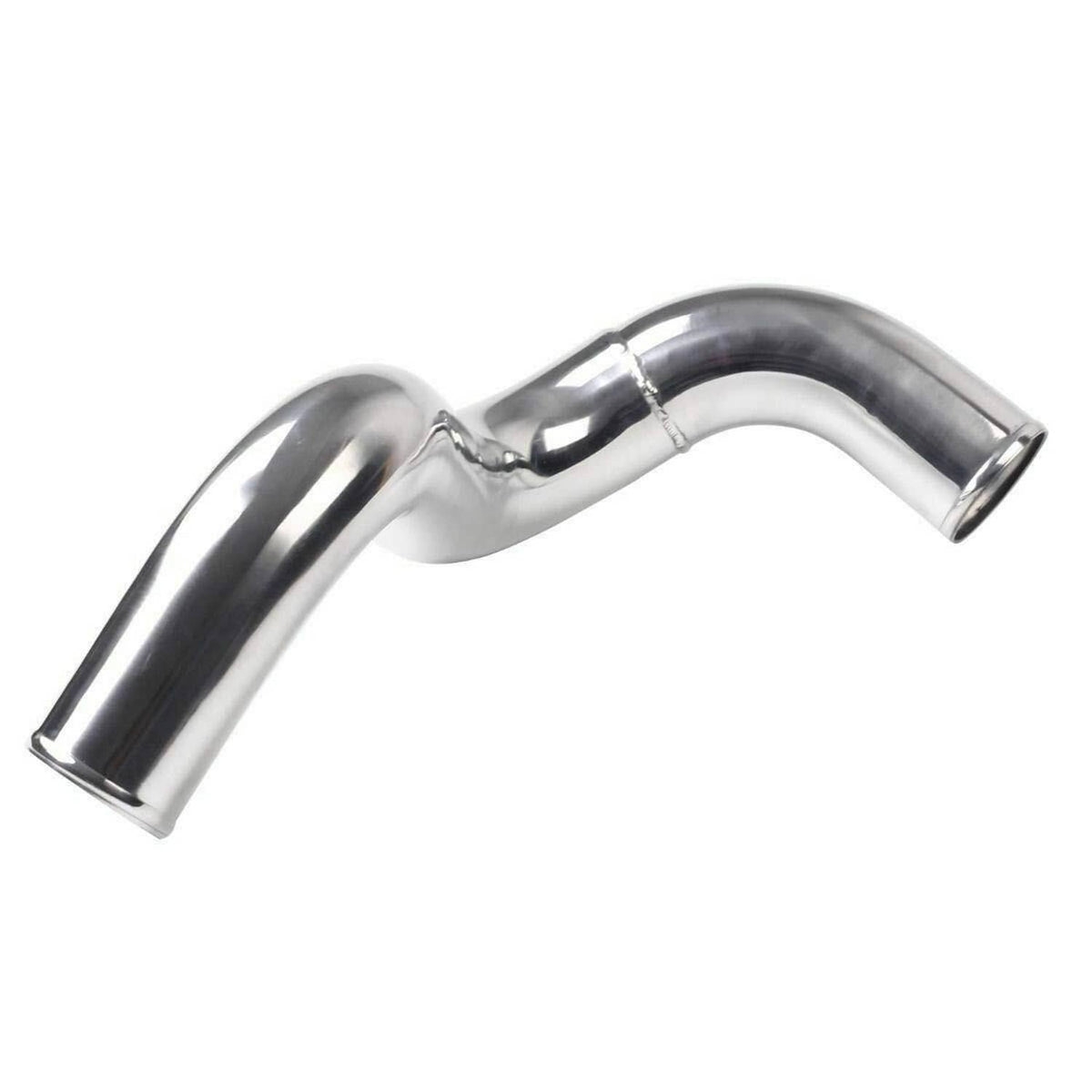 Polished silver intercooler pipe elbow with attached short coupling sleeve