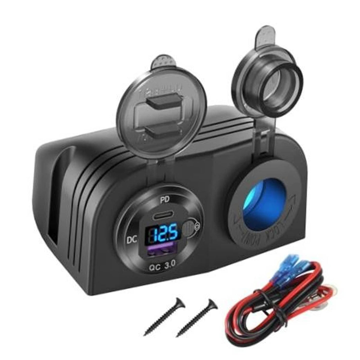 Black 12V car USB charger panel with blue LED voltmeter, PD and QC3.0 ports